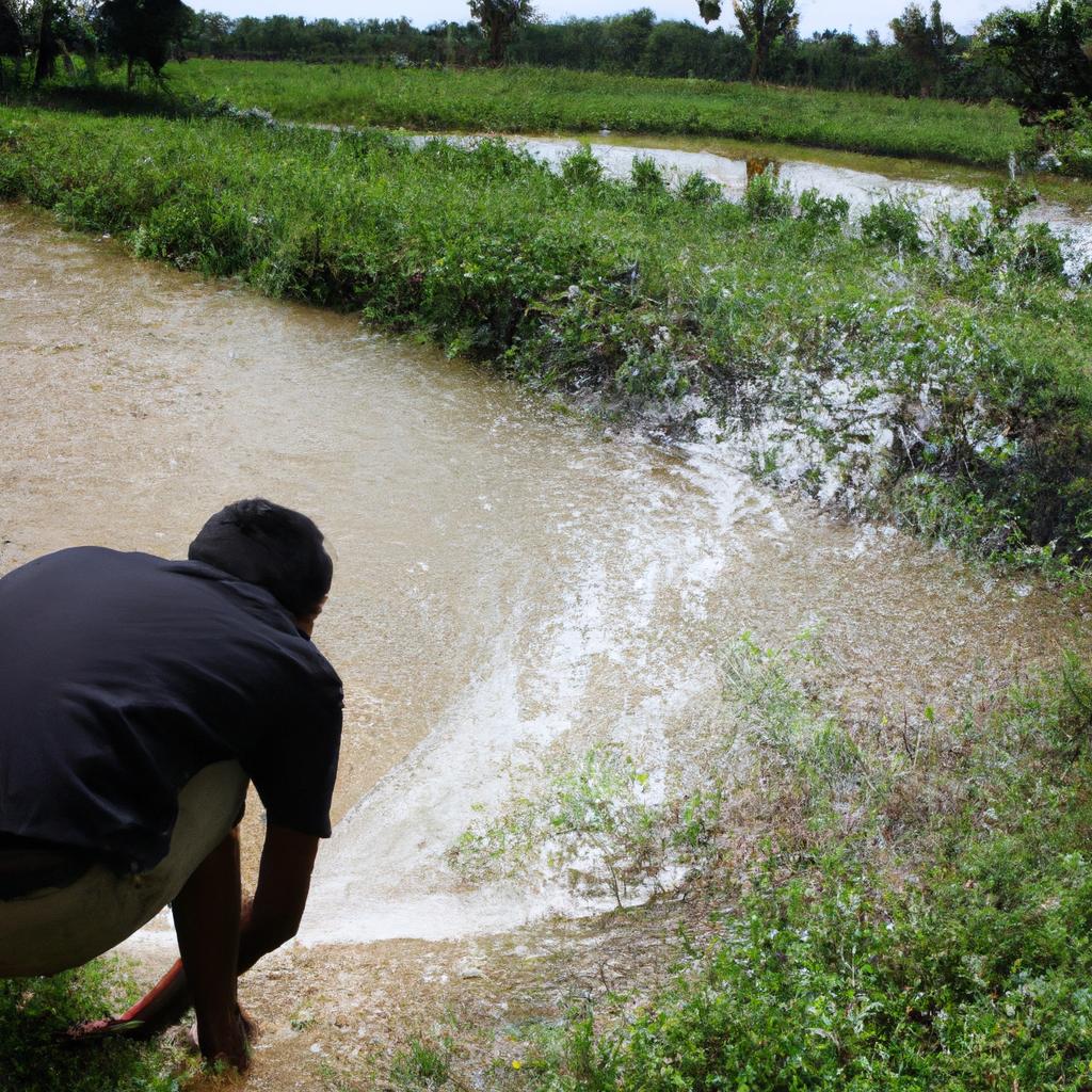 Person using flood irrigation technique
