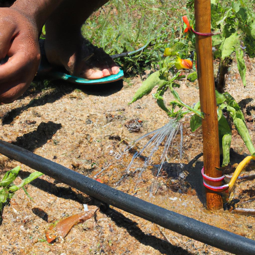 Person operating drip irrigation system